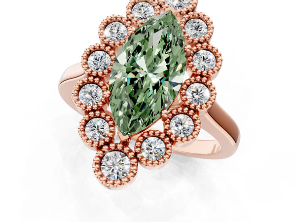 Rose gold Fancy Green Marquise  Halo Diamond Cluster Engagement Ring with Milgrain Bezel Setting and Solitaire Band
