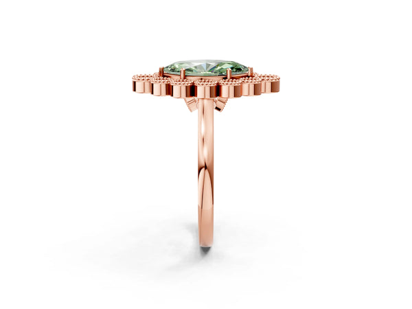 Rose gold Fancy Green Marquise  Halo Diamond Cluster Engagement Ring with Milgrain Bezel Setting and Solitaire Band