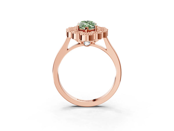 Rose gold Fancy Green Marquise  Halo Diamond Cluster Engagement Ring with Milgrain Bezel Setting and Solitaire Band