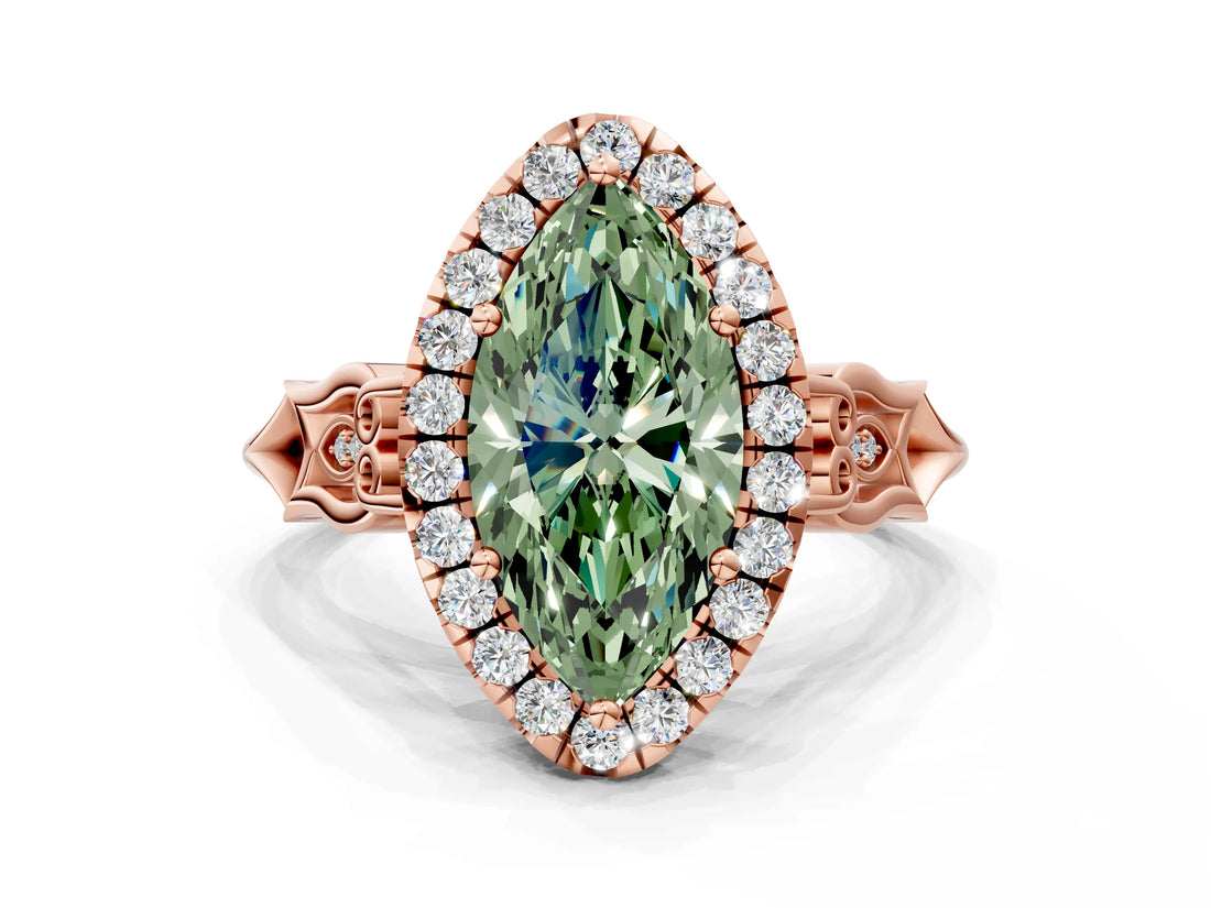 Rose gold Fancy Green Marquise  Halo Diamond Engagement Ring with Filigree Band and Four-Prong Setting_81
