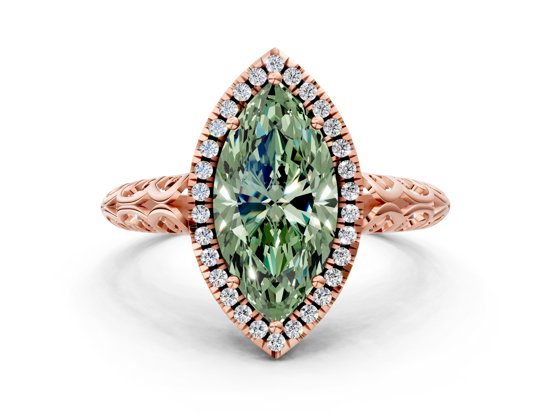 Rose gold Fancy Green Marquise  Halo Diamond Engagement Ring with Intricate Filigree Band and Four-Prong Setting_75