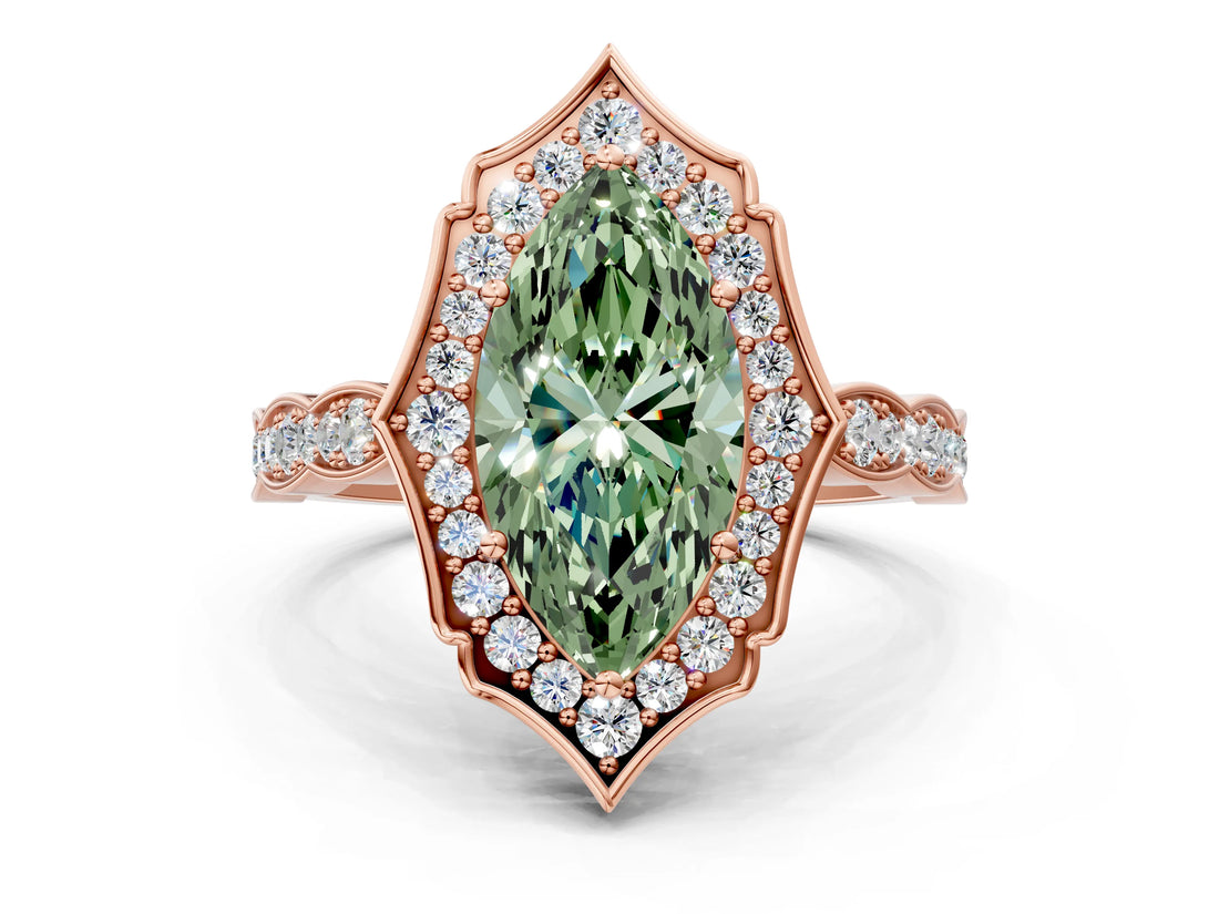 Rose gold Fancy Green Marquise  Halo Diamond Engagement Ring with Milgrain Band and Four-Prong Setting_54