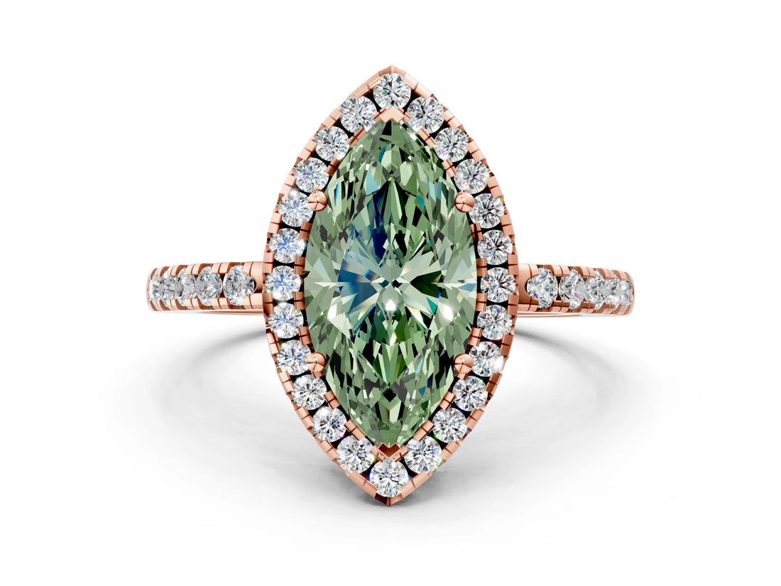 Rose gold Fancy Green Marquise  Halo Diamond Engagement Ring with Pavé Band and Four-Prong Setting_111