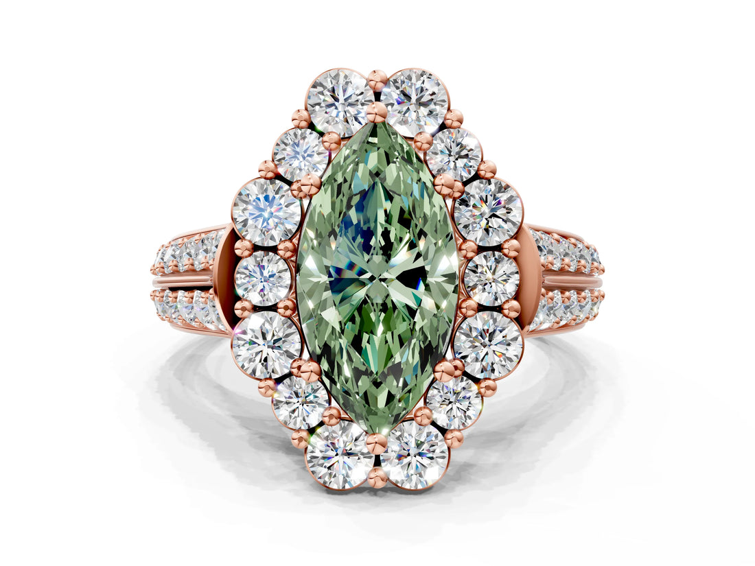Rose gold Fancy Green Marquise  Halo Diamond Engagement Ring with Split Shank and Prong Setting_62