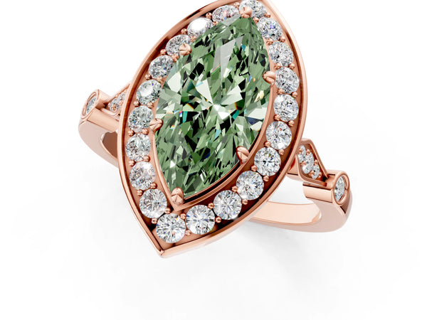 Rose gold Fancy Green Marquise  Halo Diamond Engagement Ring with Twisted Band and Four-Prong Setting