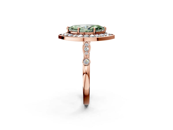 Rose gold Fancy Green Marquise  Halo Diamond Engagement Ring with Twisted Band and Four-Prong Setting