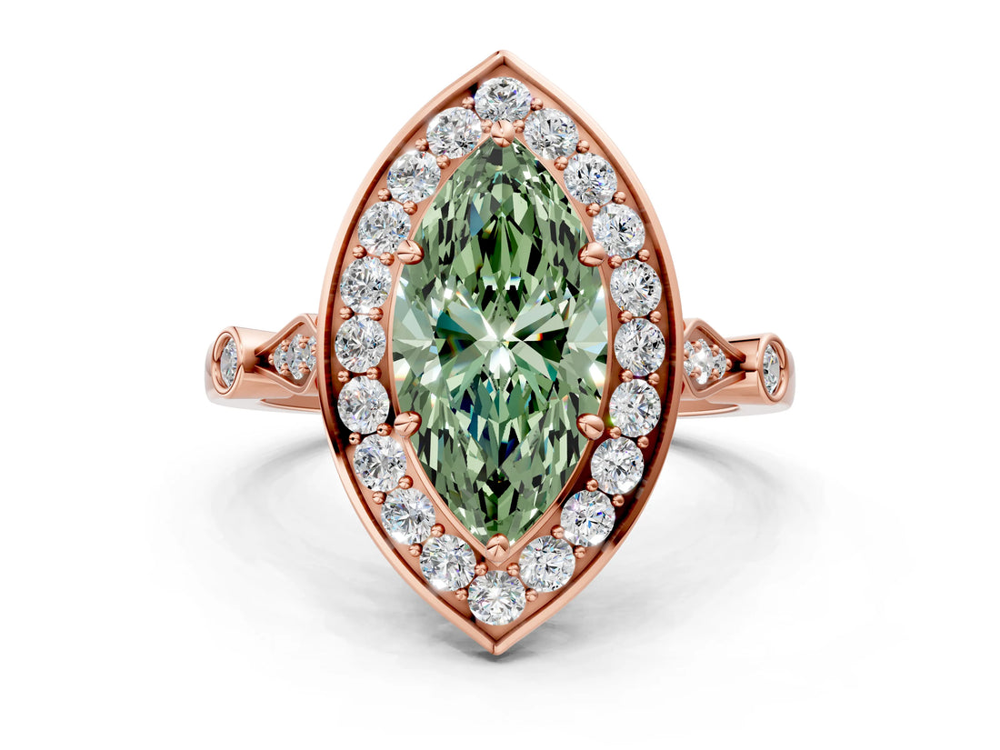 Rose gold Fancy Green Marquise  Halo Diamond Engagement Ring with Twisted Band and Four-Prong Setting