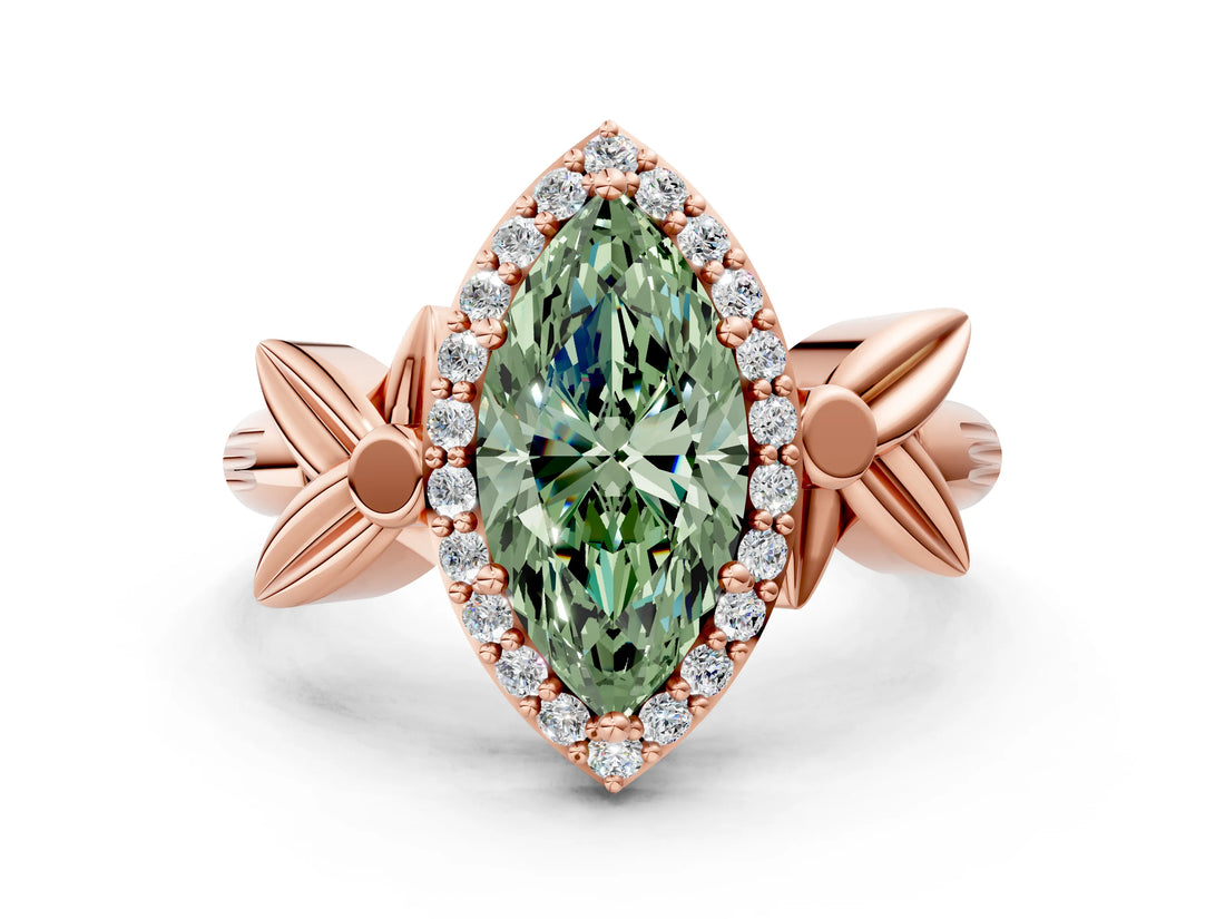 Rose gold Fancy Green Marquise  Halo Diamond Floral Band with Four-Prong Setting_55