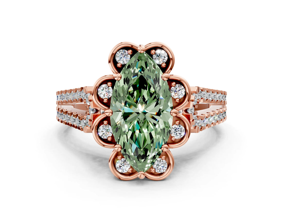 Rose gold Fancy Green Marquise  Halo Diamond Floral Split Shank Engagement Ring