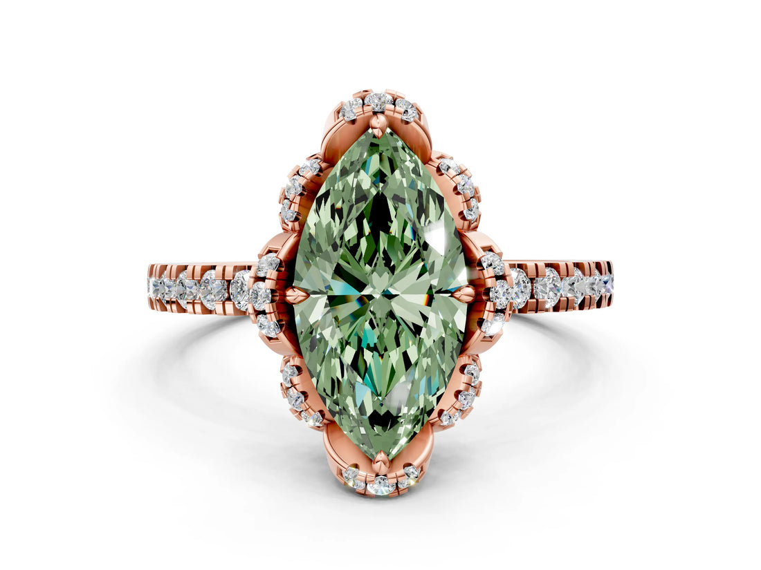 Rose gold Fancy Green Marquise  Halo Diamond Pave Band Ring with Four-Prong Setting_15