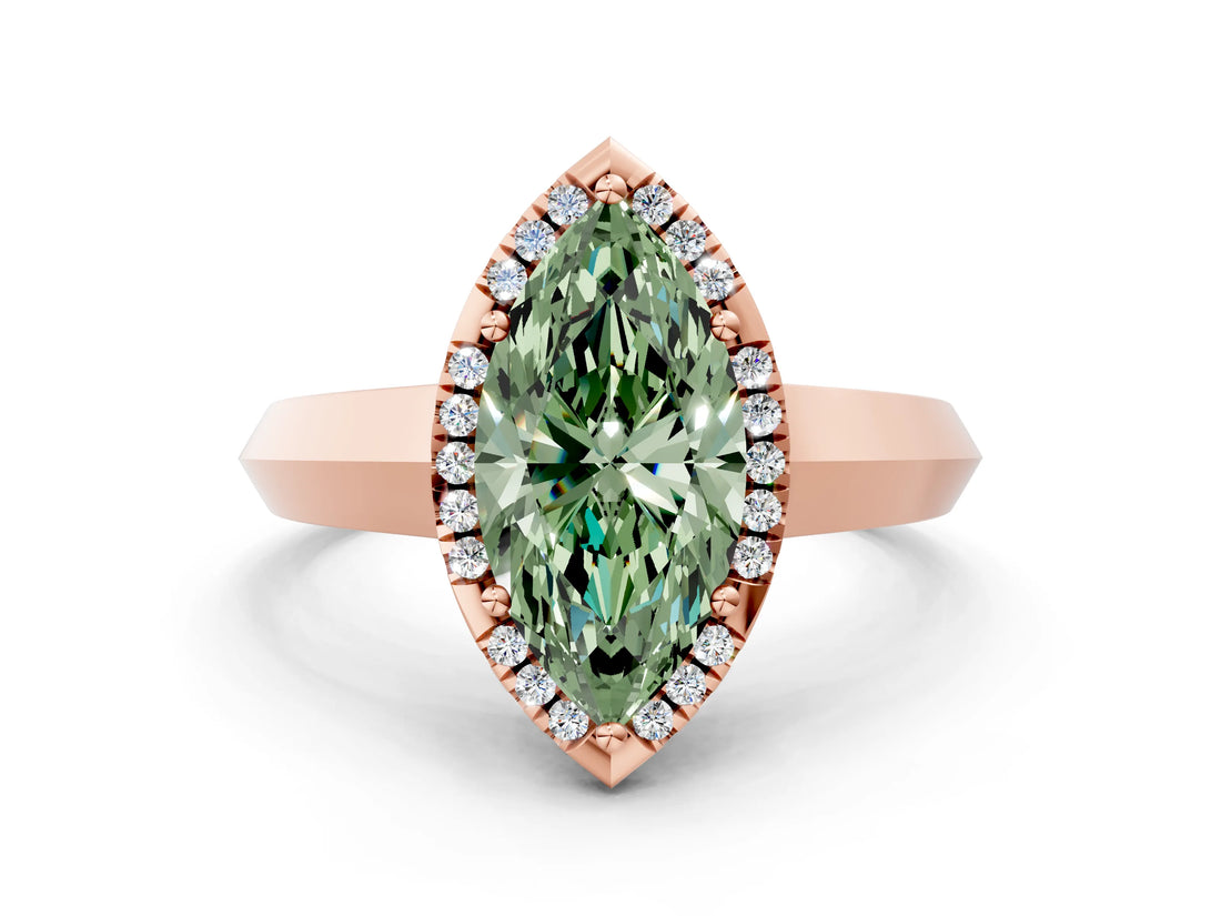 Rose gold Fancy Green Marquise  Halo Diamond Ring with Cathedral Band and Four-Prong Setting_49