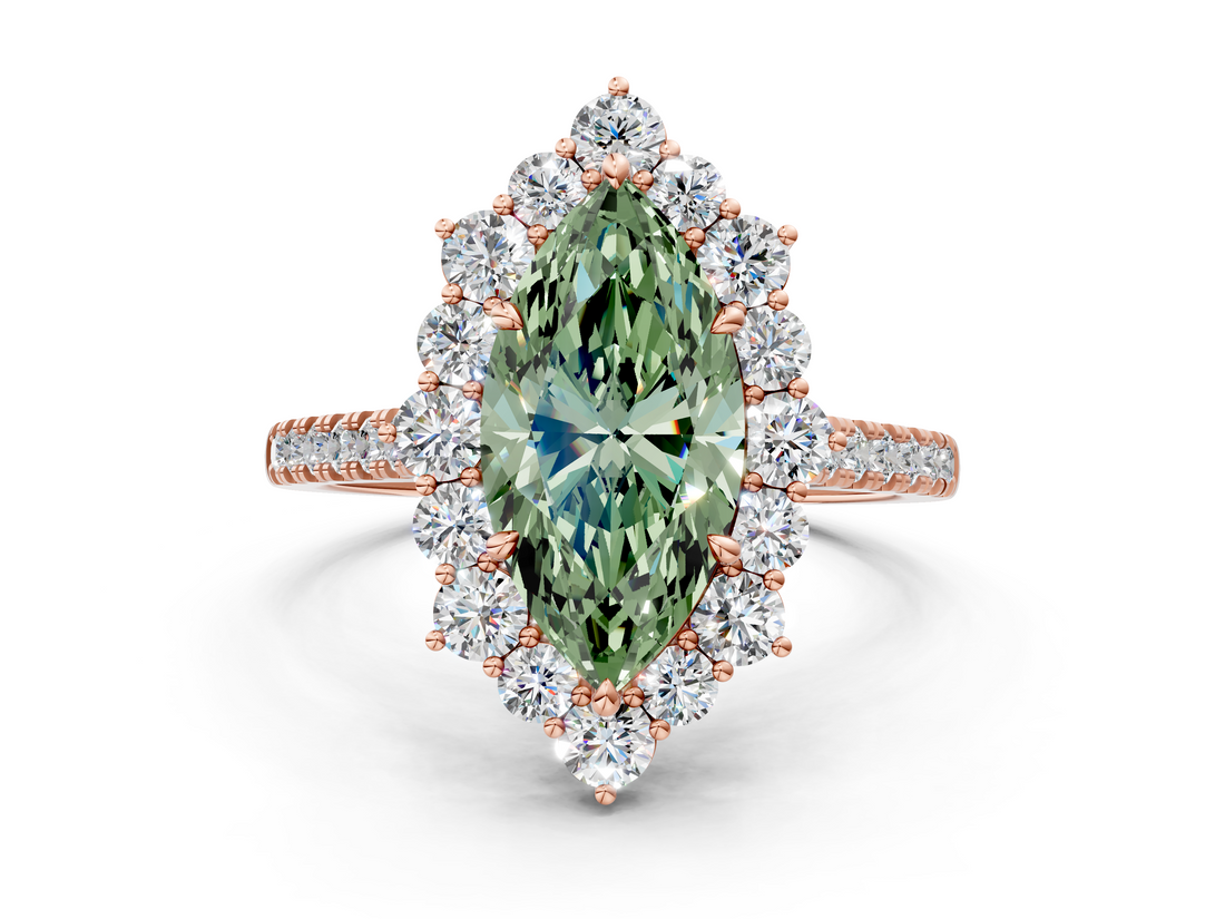 Rose gold Fancy Green Marquise  Halo Diamond Ring with Pavé Band and Prong Setting_37