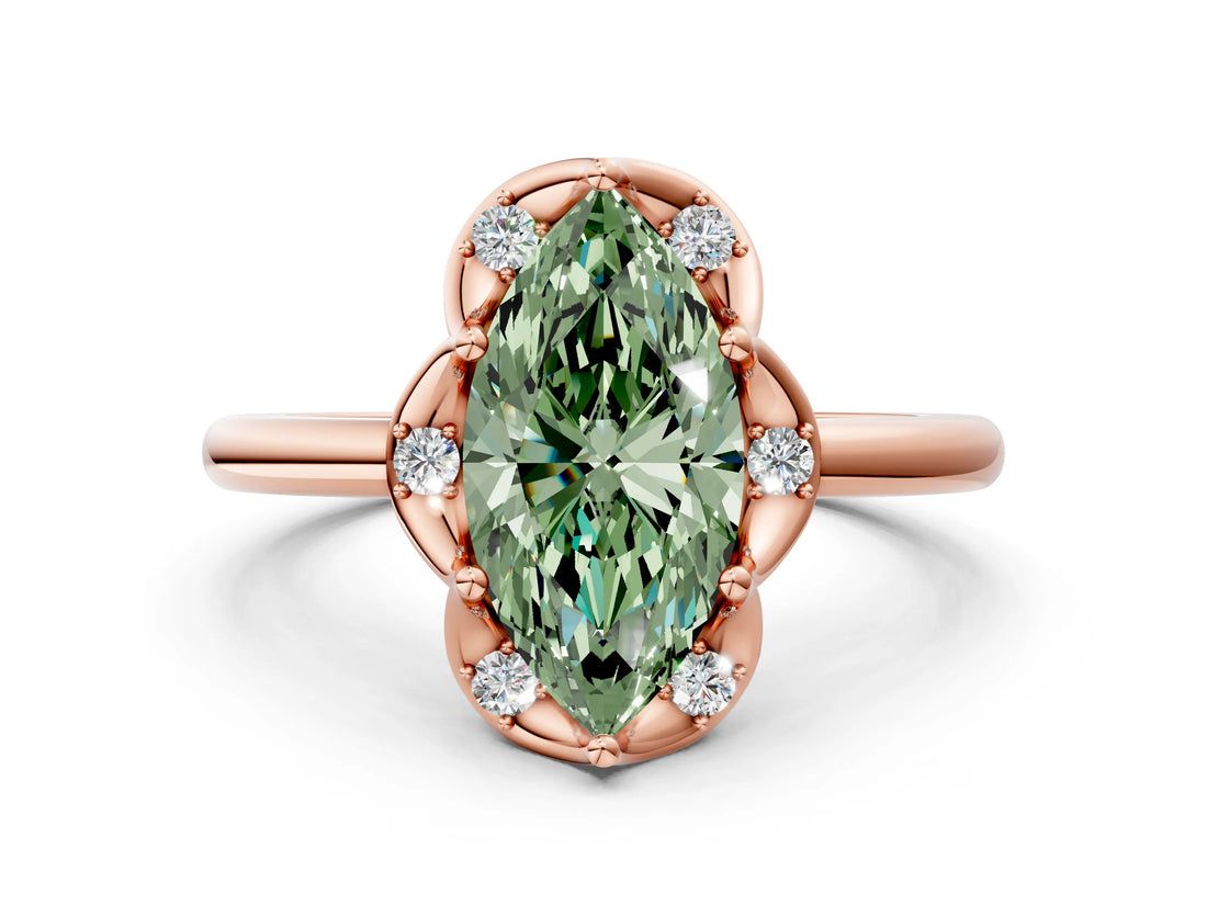 Rose gold Fancy Green Marquise  Halo Diamond Ring with Round Cluster Setting, Solitaire Band, and Four-Prong Setting_49