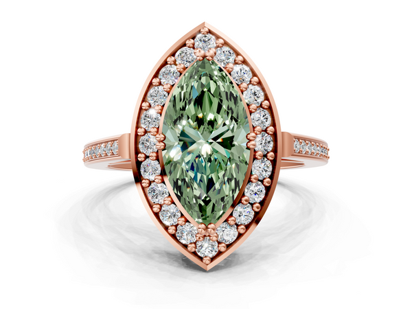 Rose gold Fancy Green Marquise Cut Diamond Halo Ring with Split Shank and Four-Prong Setting