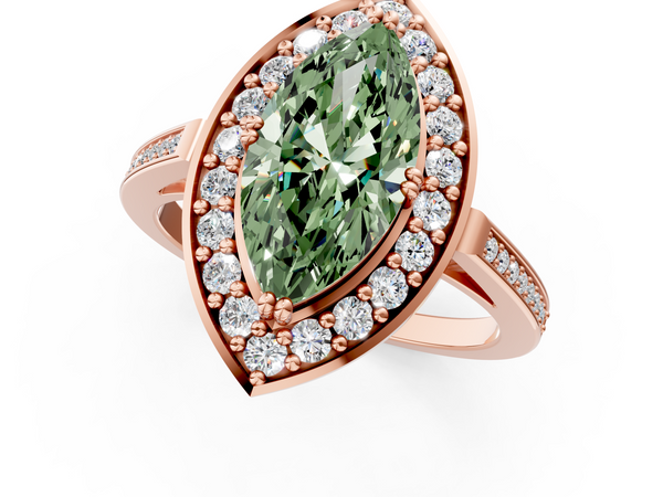 Rose gold Fancy Green Marquise Cut Diamond Halo Ring with Split Shank and Four-Prong Setting