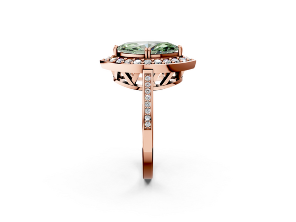 Rose gold Fancy Green Marquise Cut Diamond Halo Ring with Split Shank and Four-Prong Setting