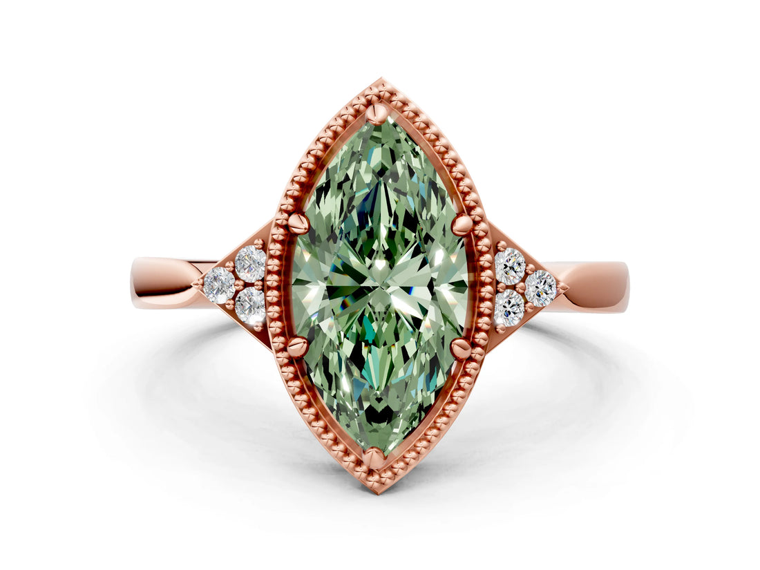 Rose gold Fancy Green Marquise  Halo Diamond Ring with Tapered Band and Four-Prong Setting_3