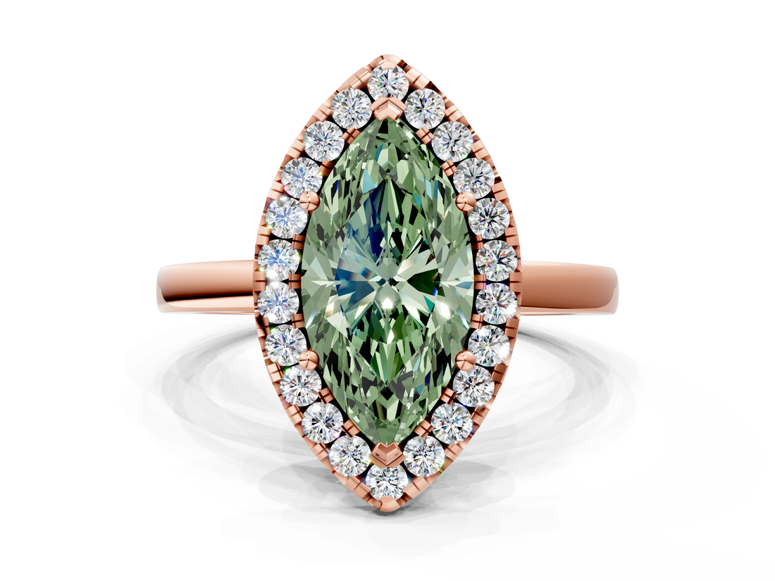 Rose gold Fancy Green Marquise  Halo Diamond Solitaire with Pavé Band and Four-Prong Setting_75