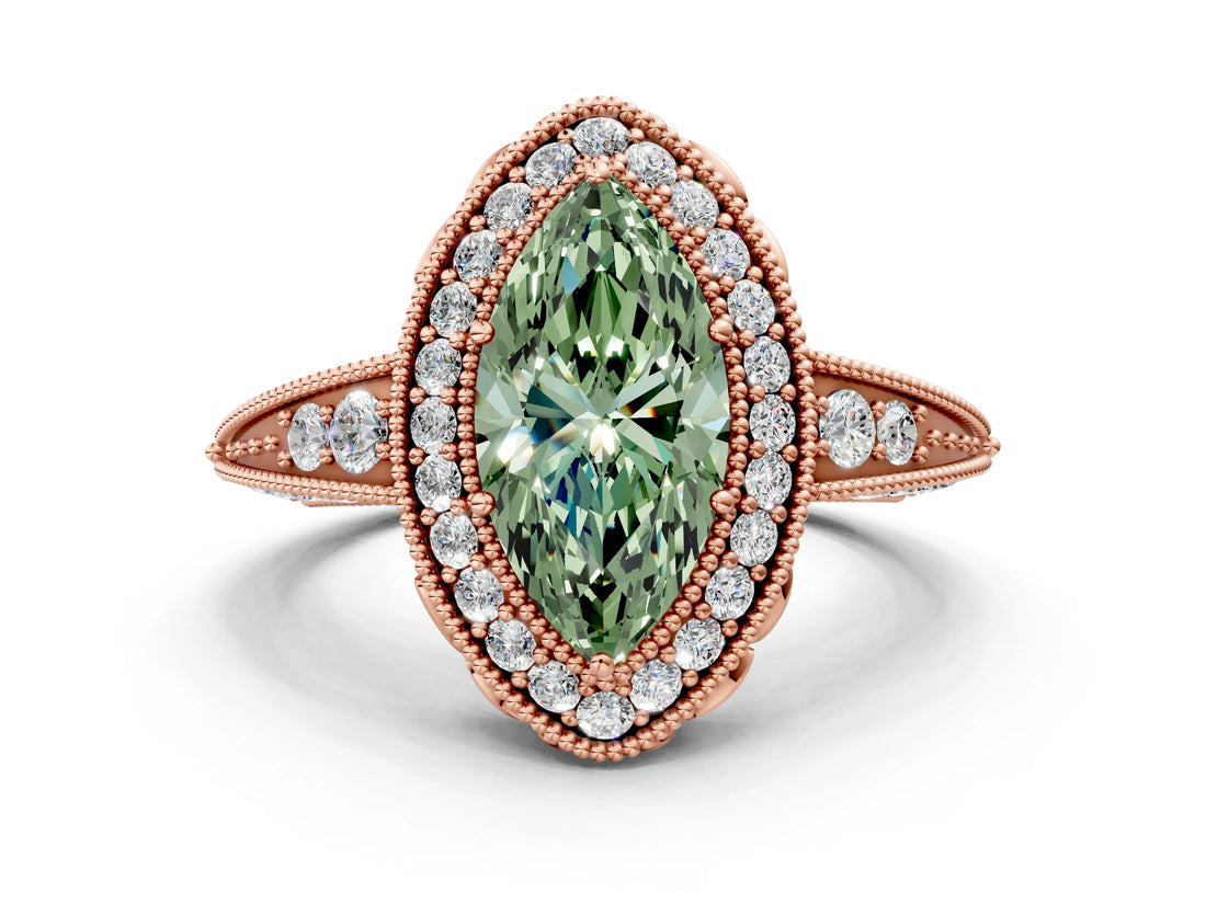 Rose gold Fancy Green Marquise  Halo Diamond Split Shank Ring with Milgrain Detail_49