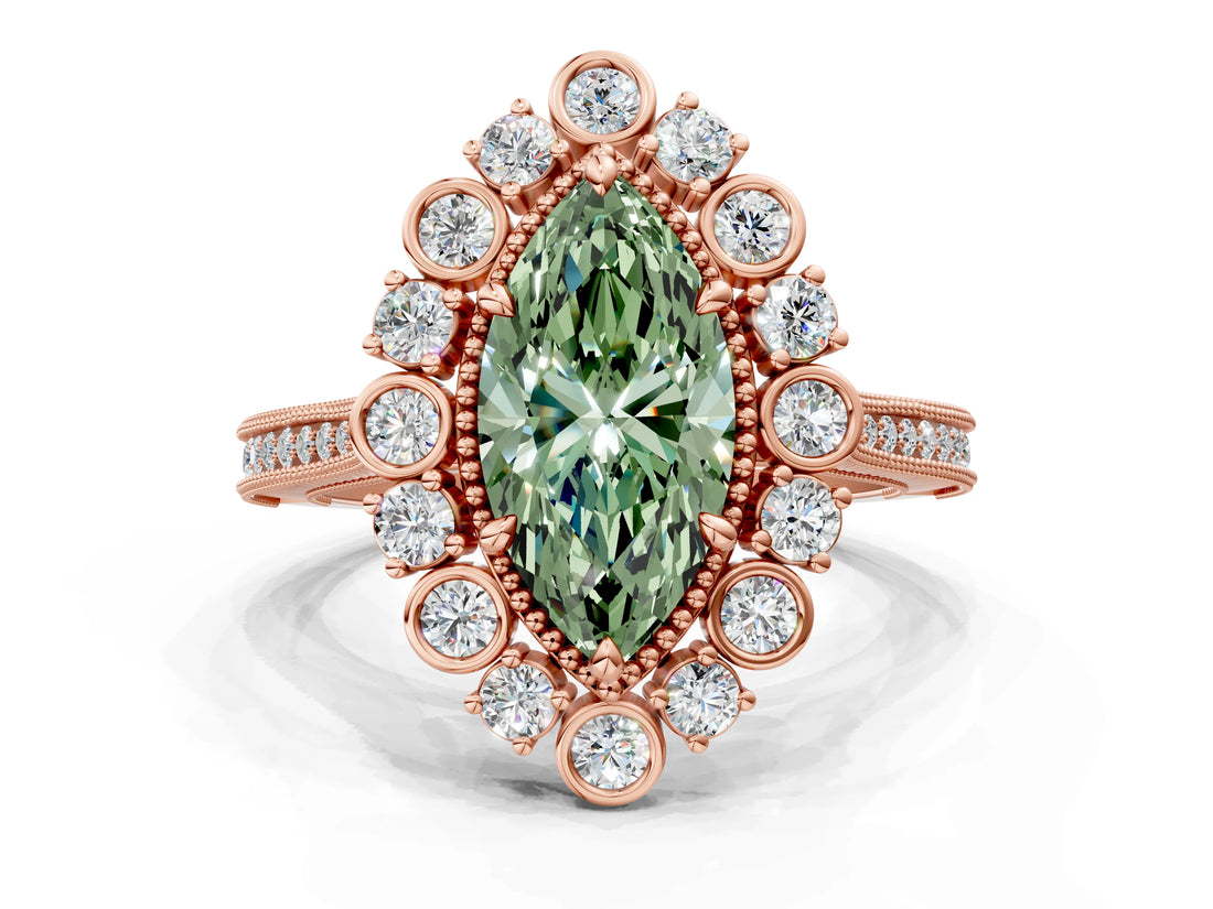 Rose gold Fancy Green Marquise  Halo Milgrain Pave Diamond Ring with Four-Prong Setting