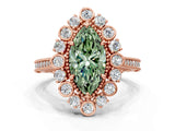 Rose gold Fancy Green Marquise  Halo Milgrain Pave Diamond Ring with Four-Prong Setting