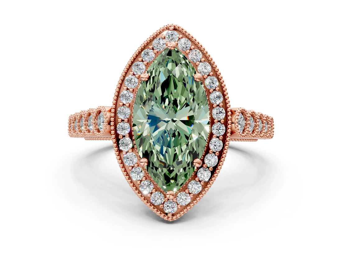 Rose gold Fancy Green Marquise  Halo Milgrain Solitaire with Bezel Set Side Stones and Pave Band_33
