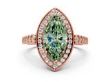Rose gold Fancy Green Marquise  Halo Milgrain Solitaire with Bezel Set Side Stones and Pave Band_33