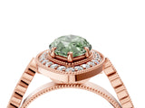 Rose gold Fancy Green Marquise  Halo Milgrain Solitaire with Bezel Set Side Stones and Pave Band_37
