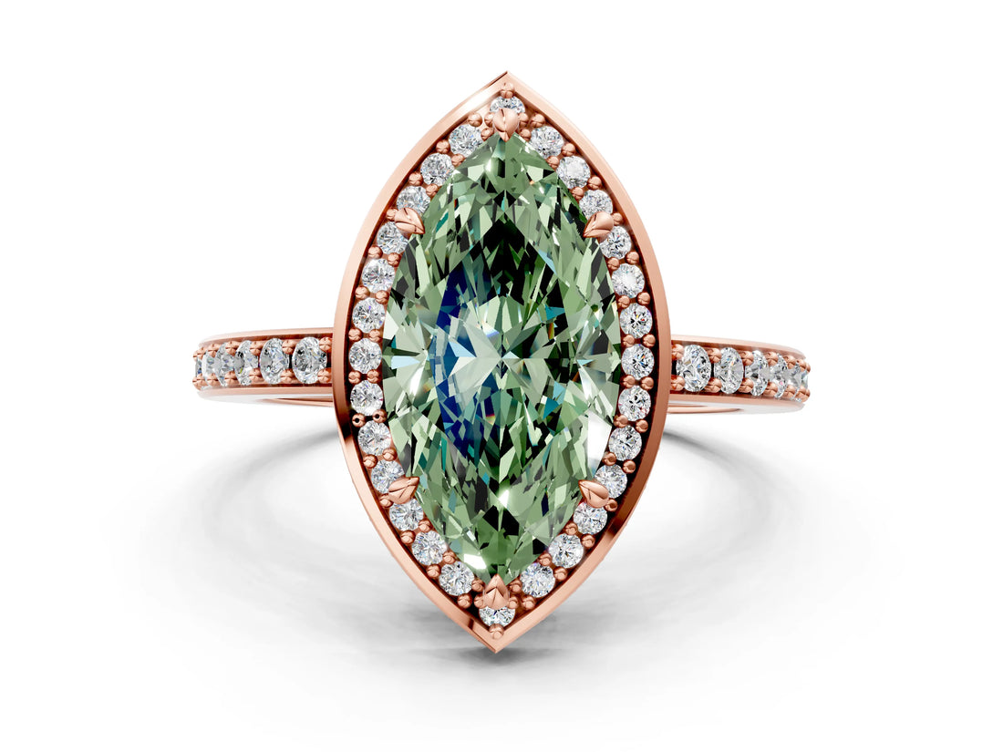 Rose gold Fancy Green Marquise  Halo Pave Band Solitaire Ring with Prong Setting_83