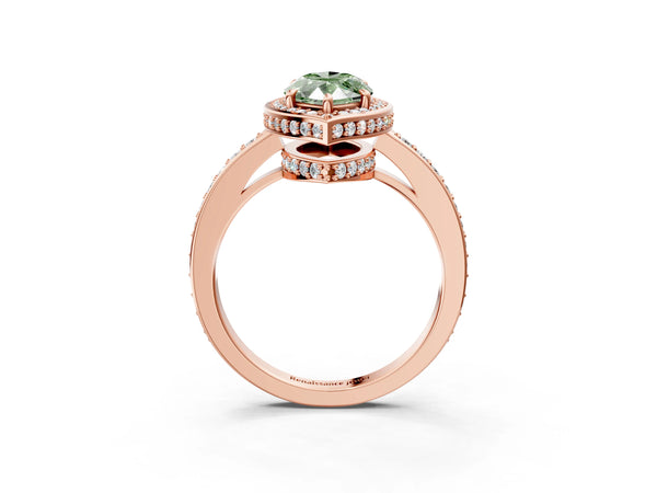 Rose gold Fancy Green Marquise  Halo Pave Band Solitaire Ring with Prong Setting