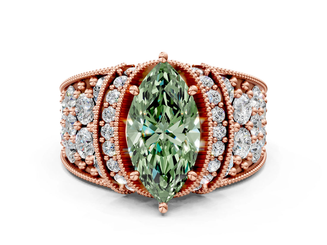 Rose gold Fancy Green Marquise  Halo Pave Diamond Engagement Ring with Milgrain Detailing_49