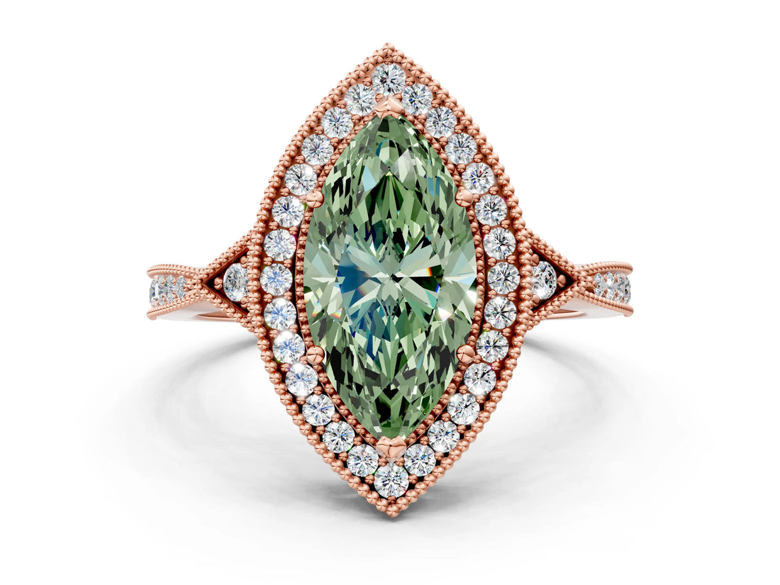 Rose gold Fancy Green Marquise  Halo Round Diamond Milgrain Pave Engagement Ring_3
