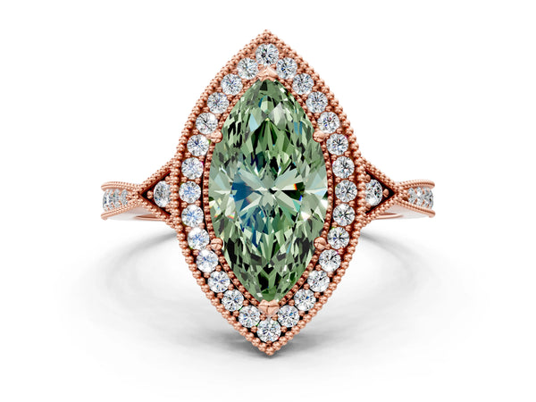 Rose gold Fancy Green Marquise  Halo Round Diamond Milgrain Pave Engagement Ring