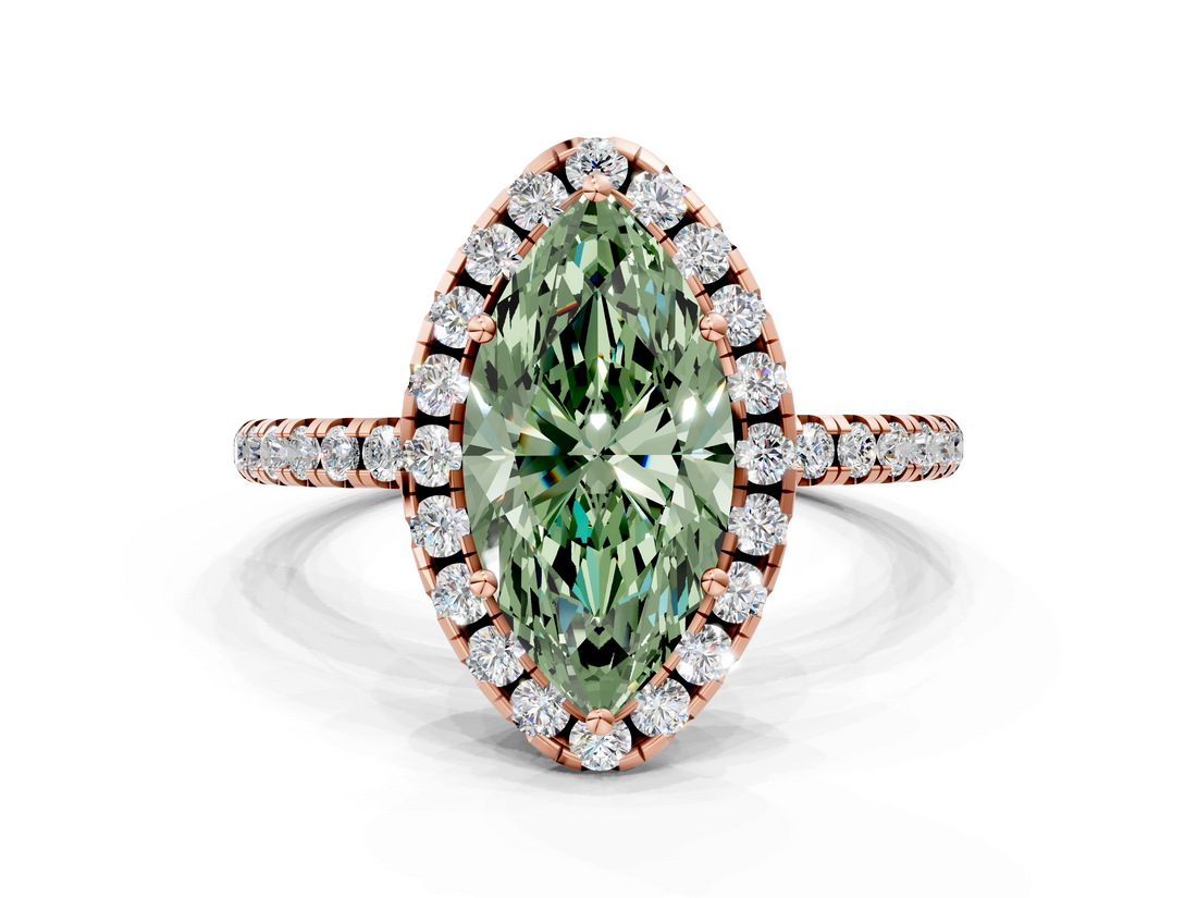 Rose gold Fancy Green Marquise  Halo Round Diamond Pavé Band Four-Prong Ring_3