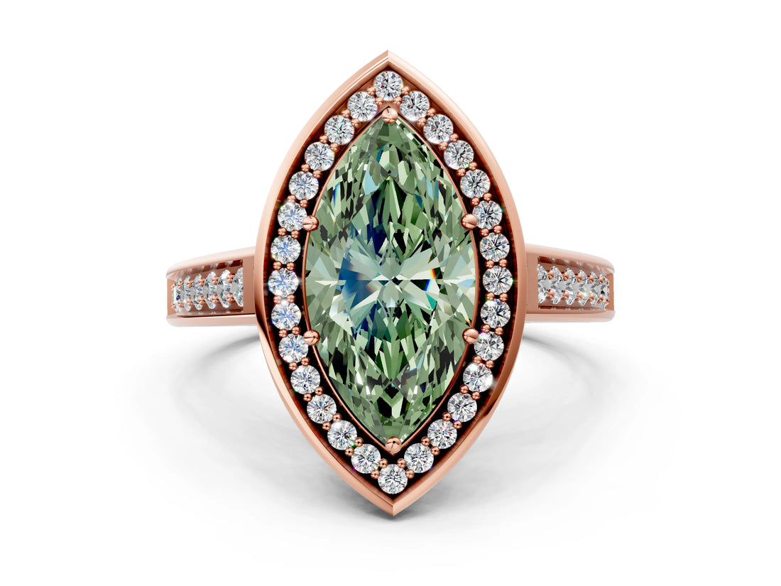 Rose gold Fancy Green Marquise  Halo Solitaire Diamond Ring with Pave Band and Bezel Setting_49