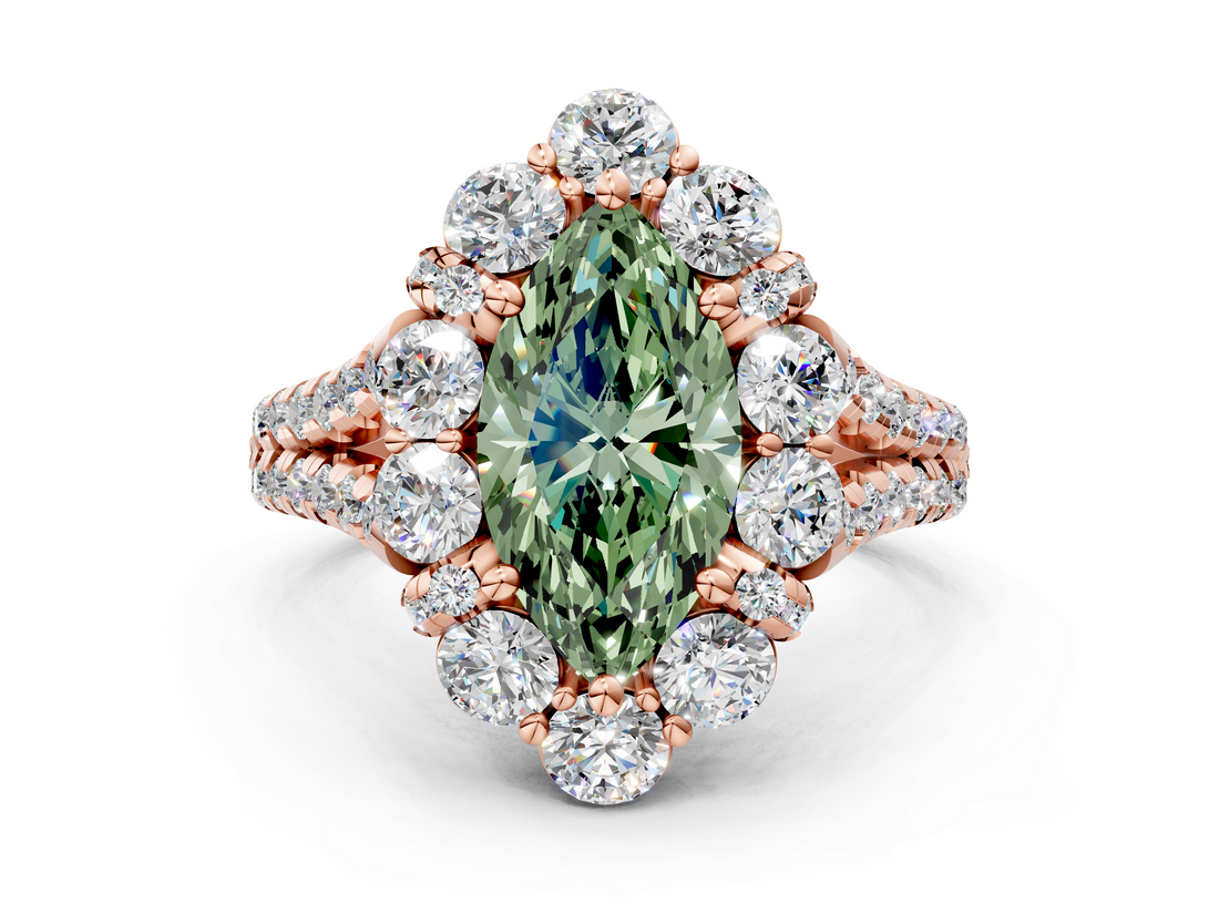 Rose gold Fancy Green Marquise  Halo Split Shank Diamond Engagement Ring with Pave Band and Four-Prong Setting_71