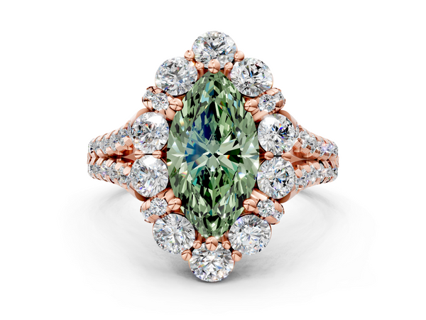 Rose gold Fancy Green Marquise  Halo Split Shank Diamond Engagement Ring with Pave Band and Four-Prong Setting