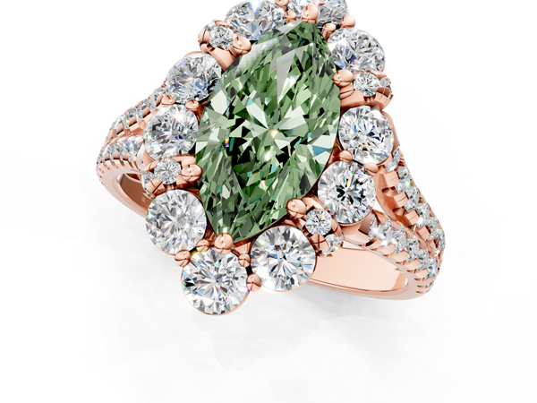 Rose gold Fancy Green Marquise  Halo Split Shank Diamond Engagement Ring with Pave Band and Four-Prong Setting