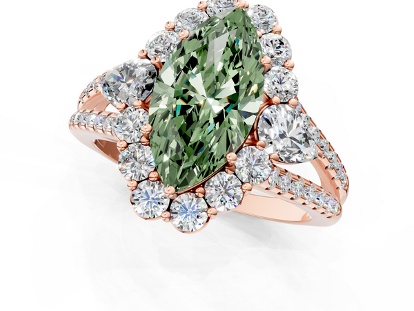 Rose gold Fancy Green Marquise  Halo Split Shank Diamond Engagement Ring with Prong Setting