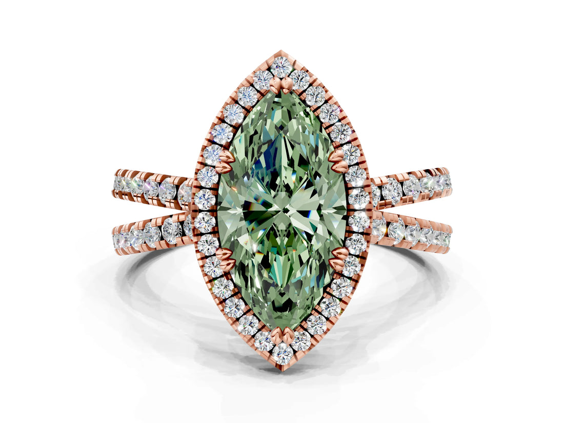 Rose gold Fancy Green Marquise  Halo Split Shank Diamond Ring with Pavé Setting_25