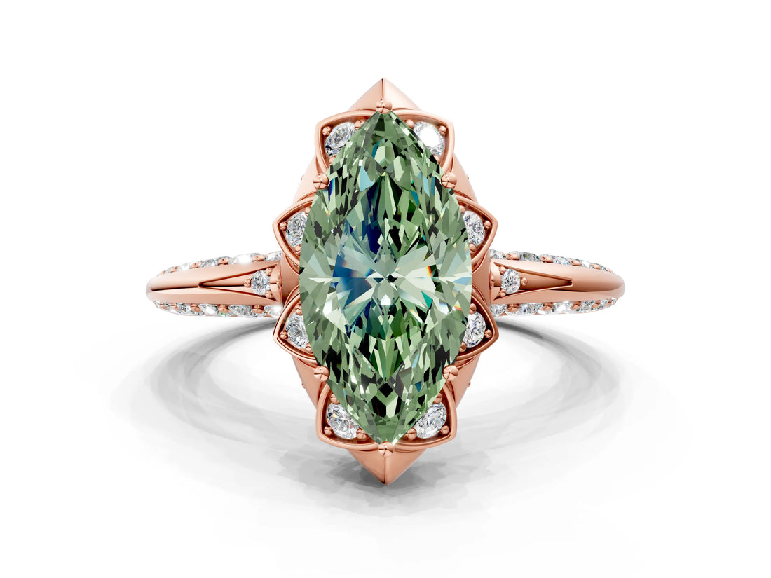 Rose gold Fancy Green Marquise  Halo Split Shank Pave Diamond Ring with Petal Prong Setting_24