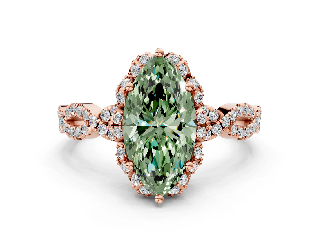 Rose gold Fancy Green Marquise  Halo Twist Band Solitaire Ring with Six-Prong Setting_37