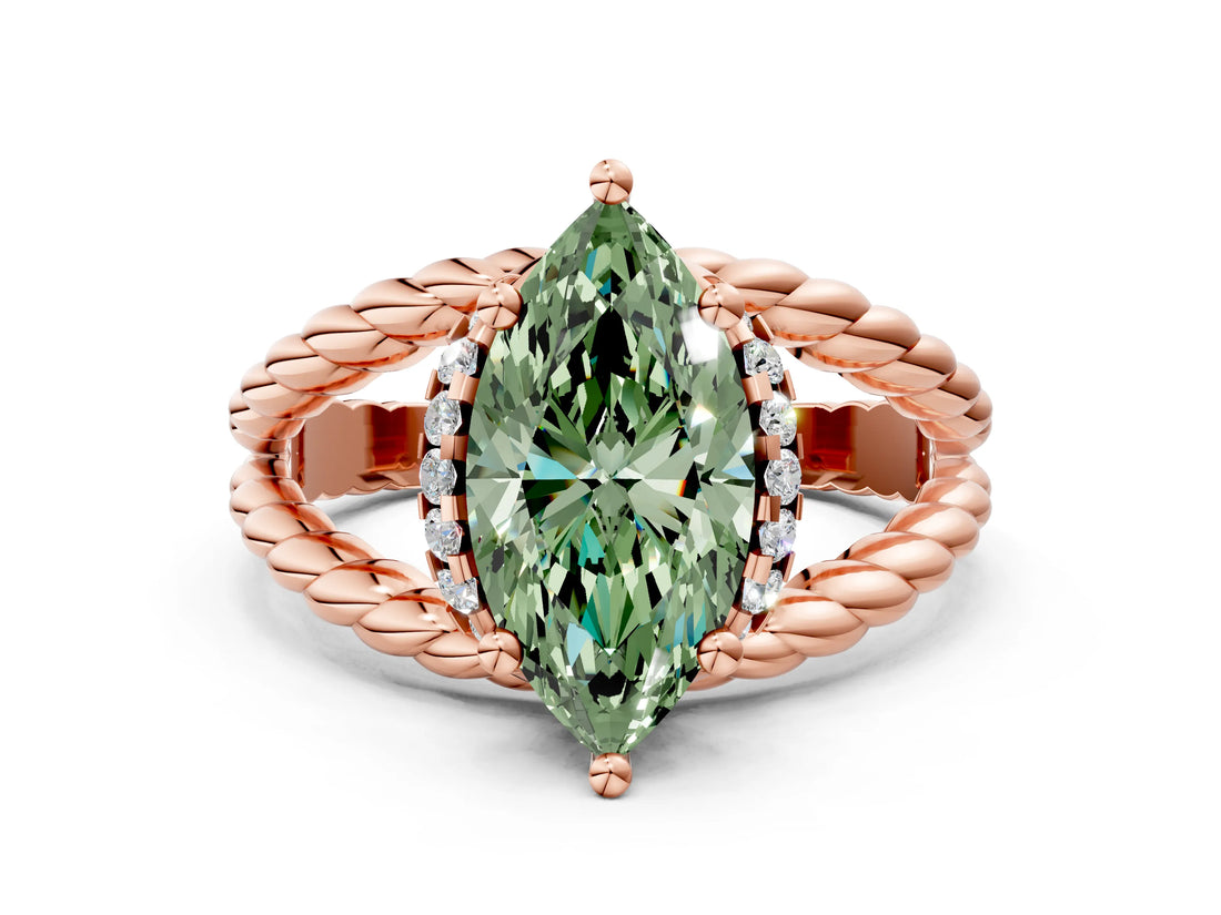 Rose gold Fancy Green Marquise  Halo Twisted Band Four-Prong Ring_63