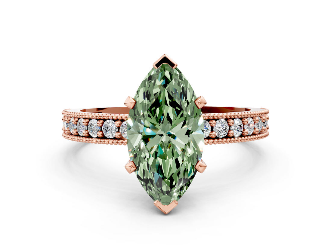 Rose gold Fancy Green Marquise  Milgrain Pave Diamond Engagement Ring with Four-Prong Setting_155