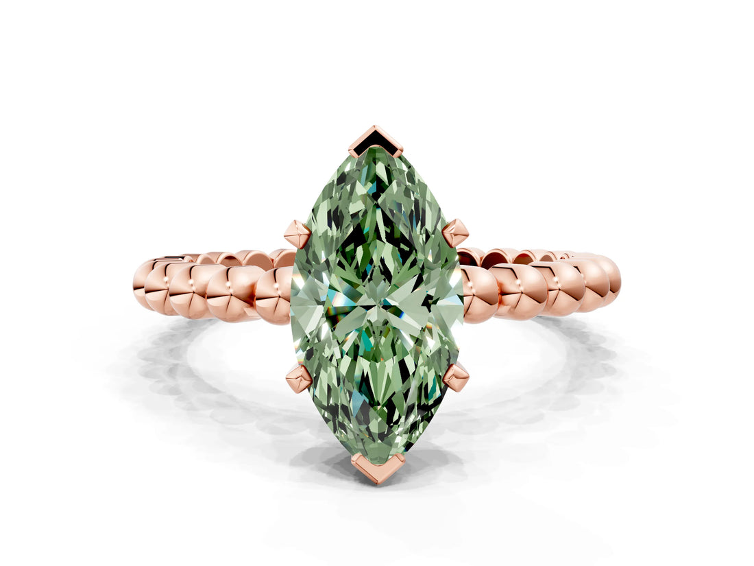 Rose gold Fancy Green Marquise  Solitaire Beaded Band Prong Setting Ring