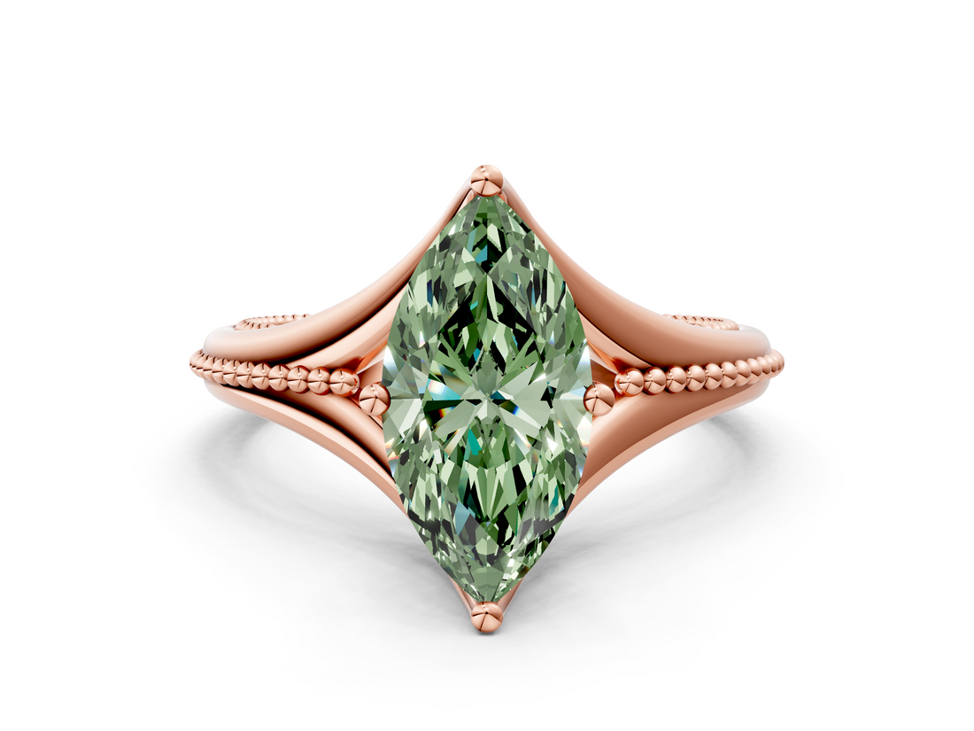 Rose gold Fancy Green Marquise  Solitaire Beaded Band Six-Prong Setting
