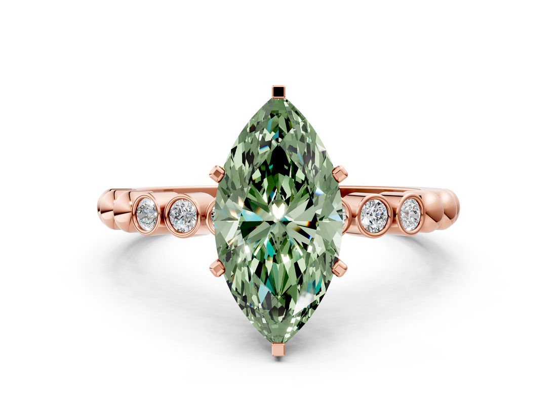 Rose gold Fancy Green Marquise  Solitaire Bezel Accent Diamond Engagement Ring with Beaded Band and Four-Prong Setting_24