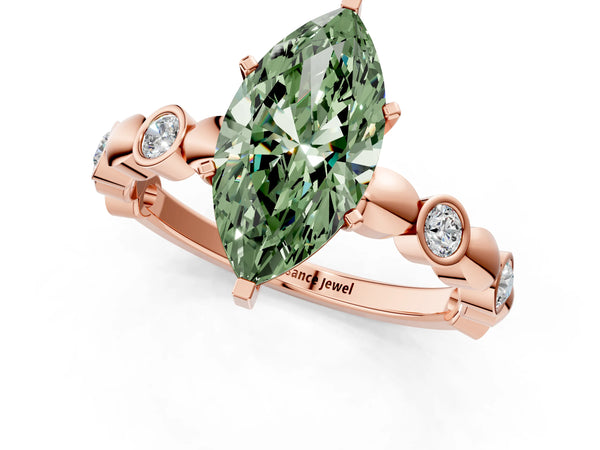 Rose gold Fancy Green Marquise  Solitaire Bezel-Set Diamond Ring with Beaded Band and Four-Prong Setting
