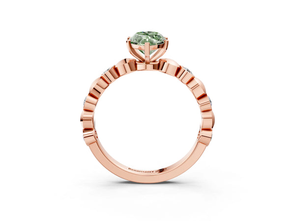 Rose gold Fancy Green Marquise  Solitaire Bezel-Set Diamond Ring with Beaded Band and Four-Prong Setting