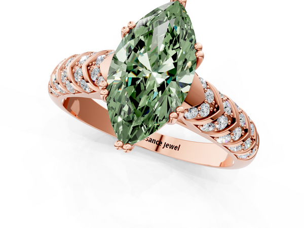 Rose gold Fancy Green Marquise  Solitaire Chevron Pave Diamond Engagement Ring with Six-Prong Setting